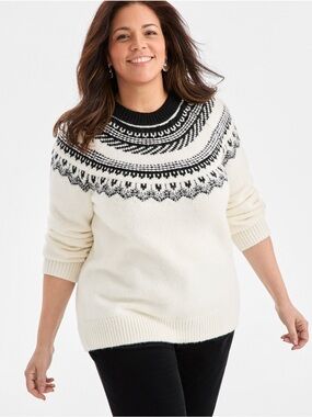 Plus Size Classic Ivory & Black Fair Isle Crewneck Sweater Classic Chic